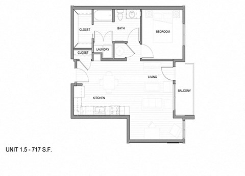 Floor plan for 1 bed, 1 bath, 717 sqft