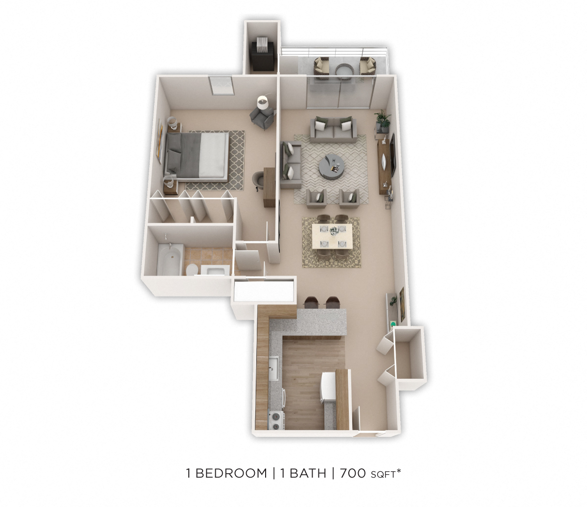 Floor plan for 1 bed, 1 bath, 700 sqft