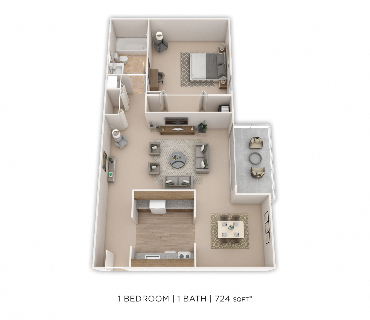 Floor plan for 1 bed, 1 bath, 724 sqft
