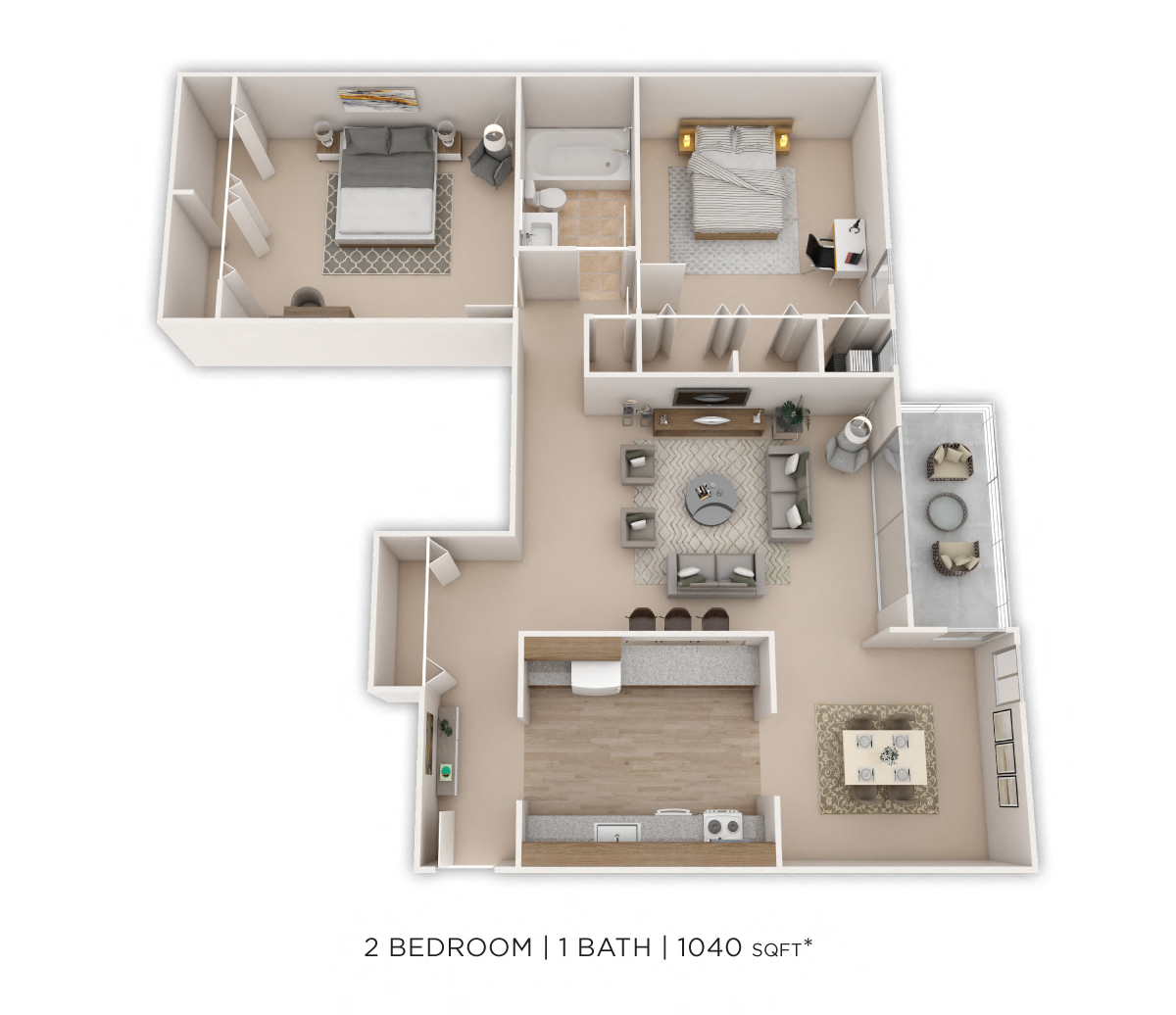 Floor plan for 2 beds, 1 bath, 1040 sqft