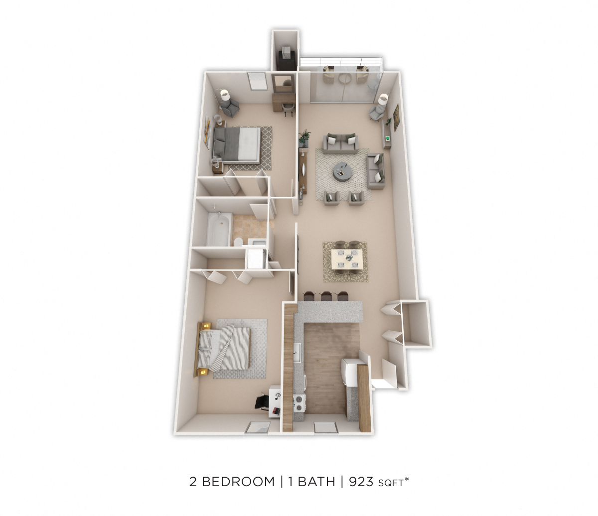 Floor plan for 2 beds, 1 bath, 923 sqft