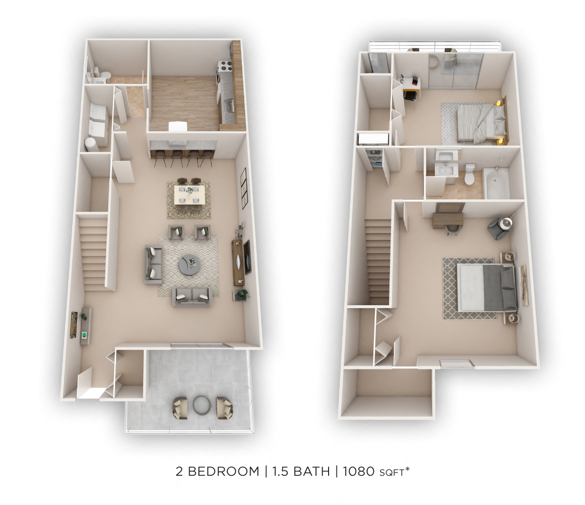 Floor plan for 2 beds, 1.5 baths, 1080 sqft