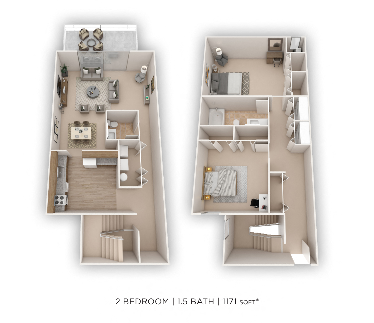 Floor plan for 2 beds, 1.5 baths, 1171 sqft
