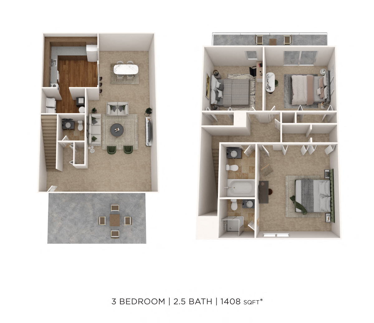 Floor plan for 3 beds, 2.5 baths, 1408 sqft