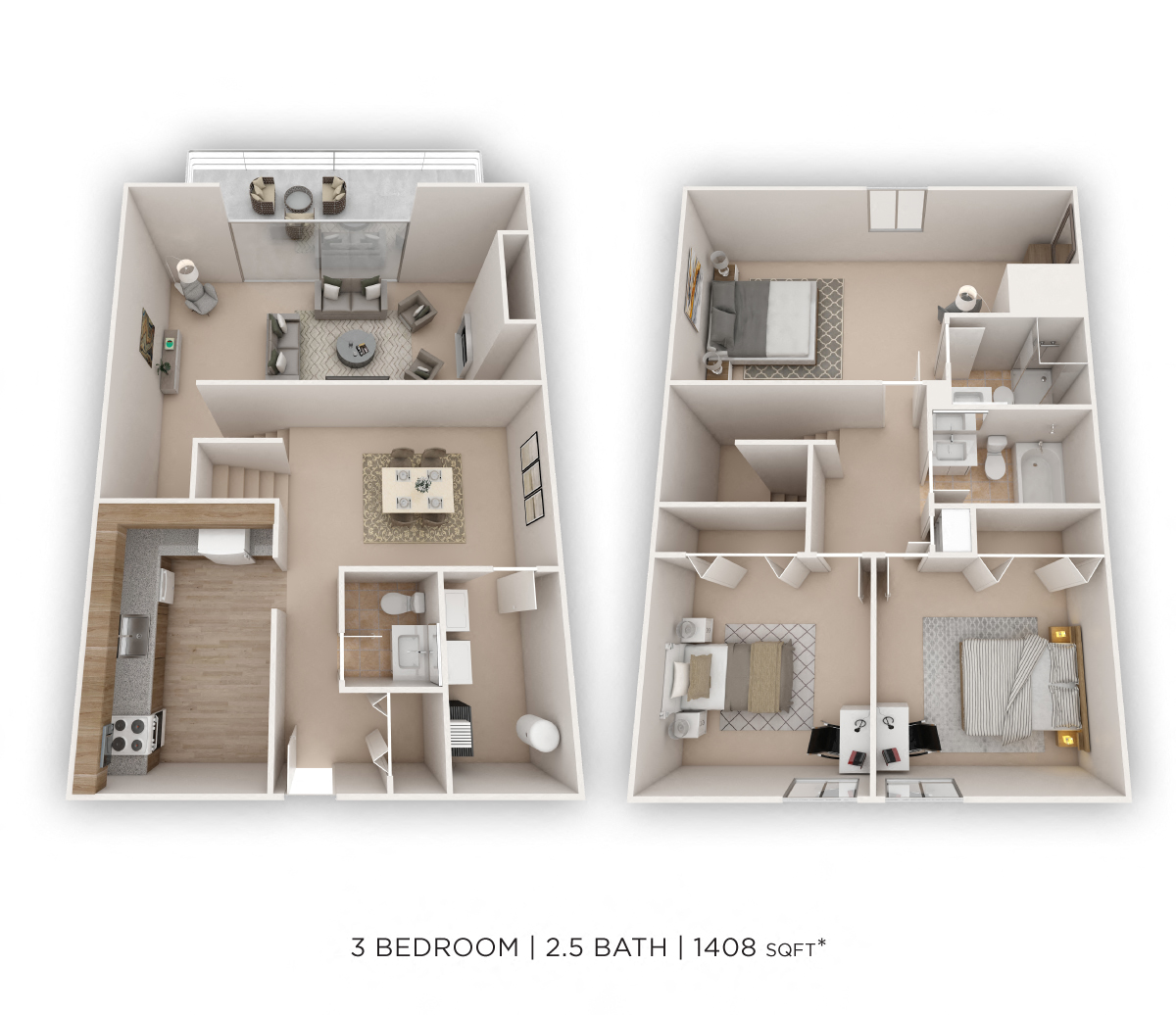 Floor plan for 3 beds, 2.5 baths, 1408 sqft