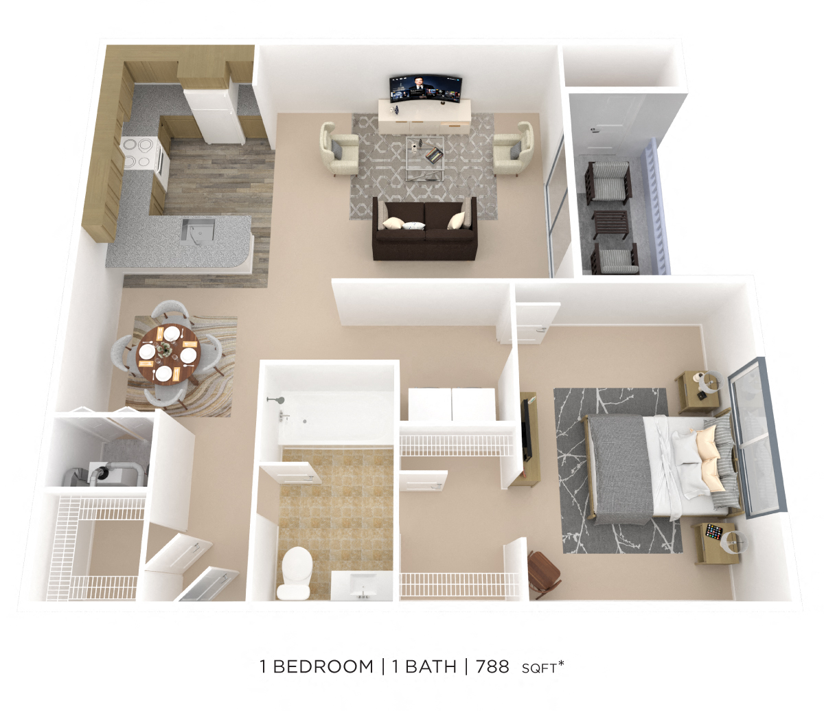 Floor plan for 1 bed, 1 bath, 788 sqft