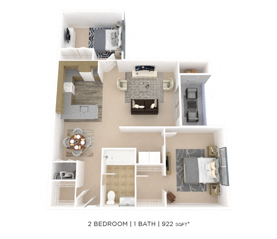 Floor plan for 2 beds, 1 bath, 922 sqft