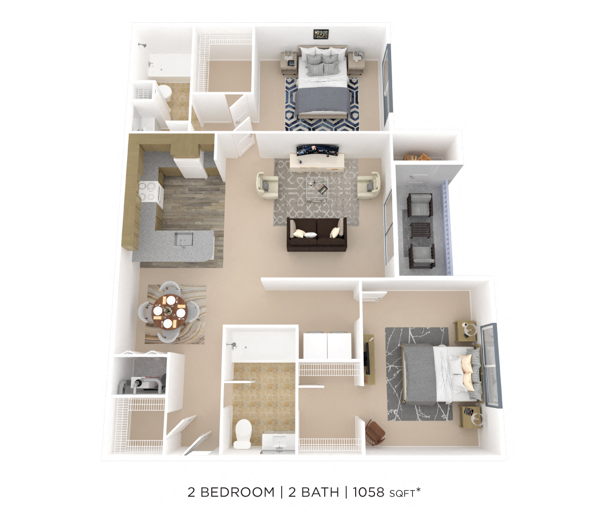 Floor plan for 2 beds, 2 baths, 1058 sqft