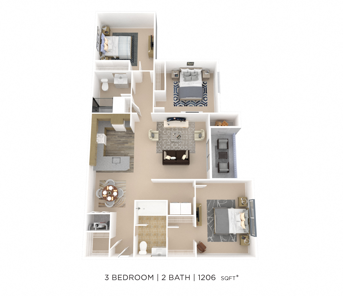 Floor plan for 3 beds, 2 baths, 1206 sqft