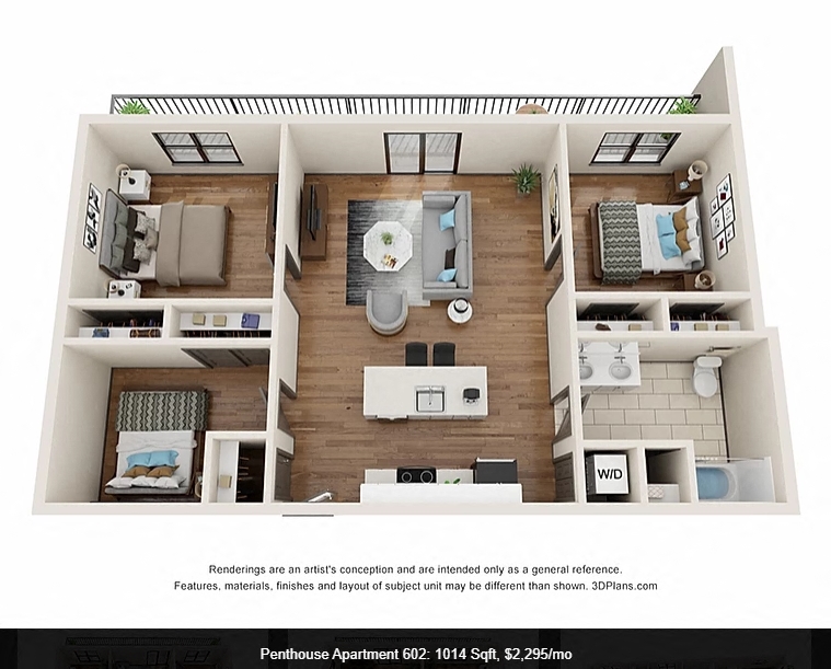 Floor plan for 3 beds, 1 bath, 1014 sqft
