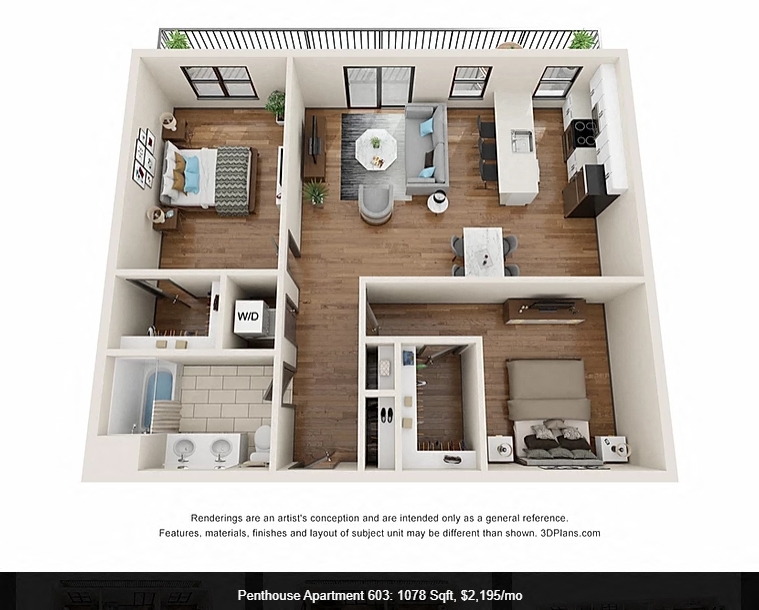 Floor plan for 2 beds, 1 bath, 1078 sqft