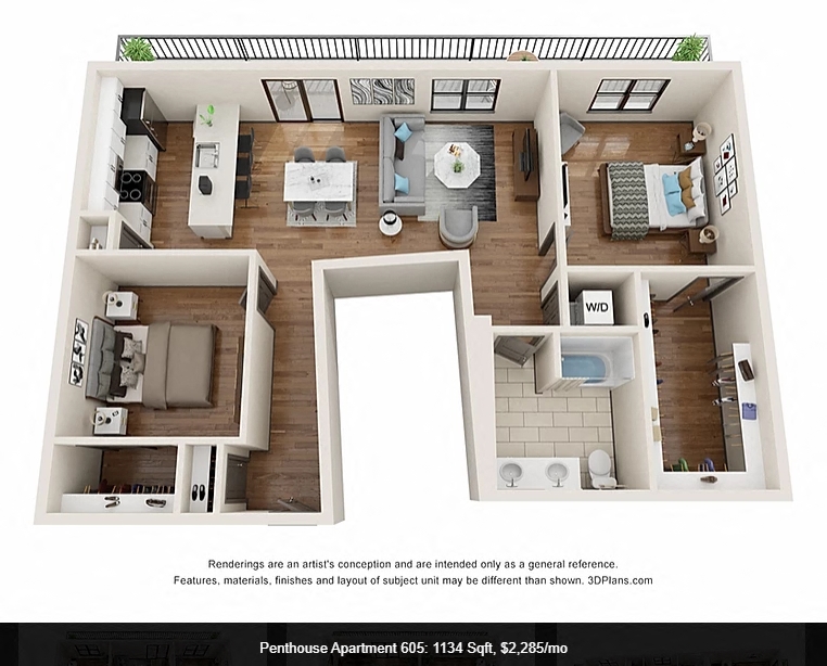 Floor plan for 2 beds, 1 bath, 1134 sqft