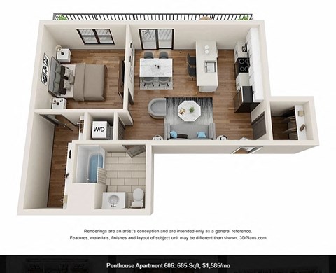 Floor plan for 1 bed, 1 bath, 685 sqft