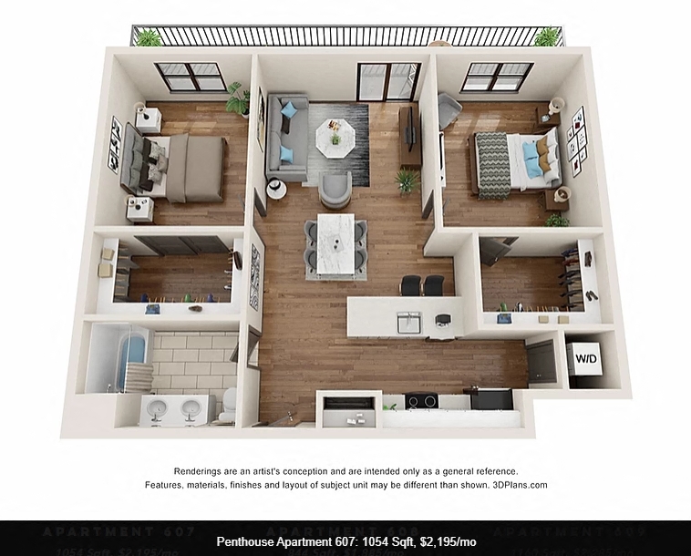 Floor plan for 2 beds, 1 bath, 1054 sqft