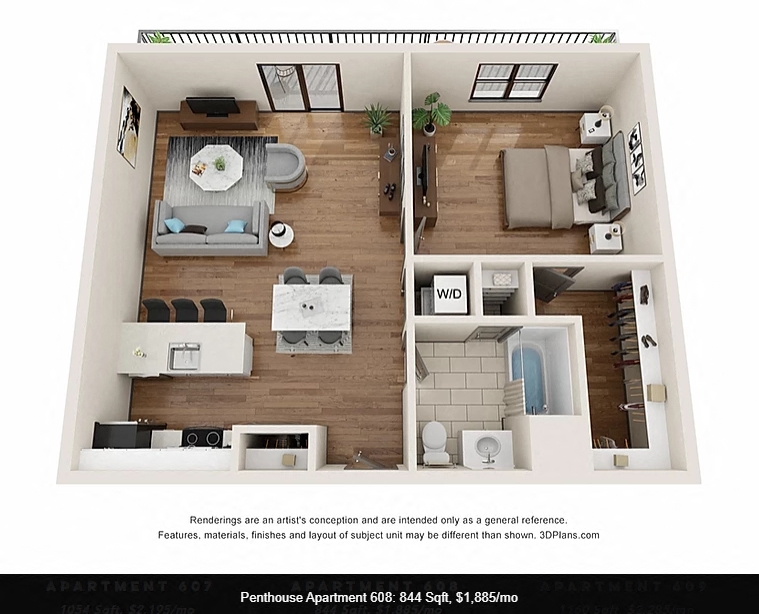 Floor plan for 1 bed, 1 bath, 844 sqft