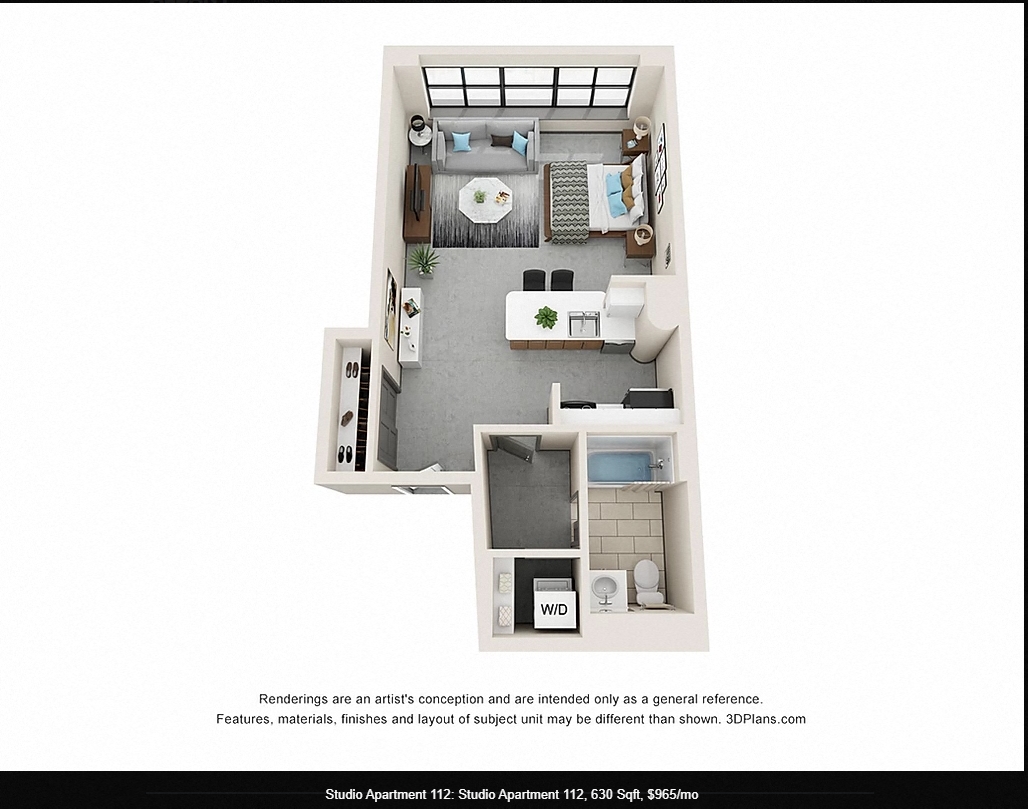 Floor plan for studio, 1 bath, 630 sqft