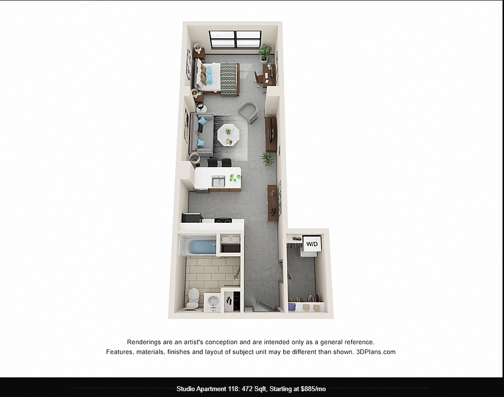 Floor plan for studio, 1 bath, 472 sqft