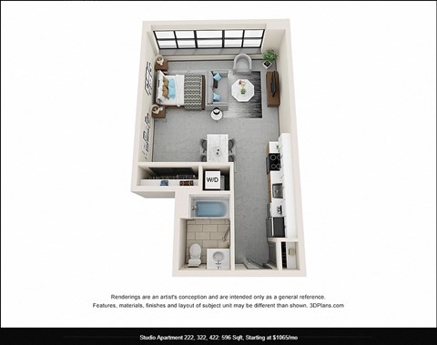Floor plan for studio, 1 bath, 596 sqft