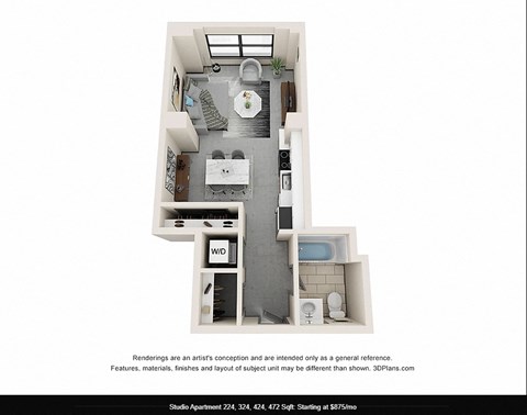 Floor plan for studio, 1 bath, 472 sqft