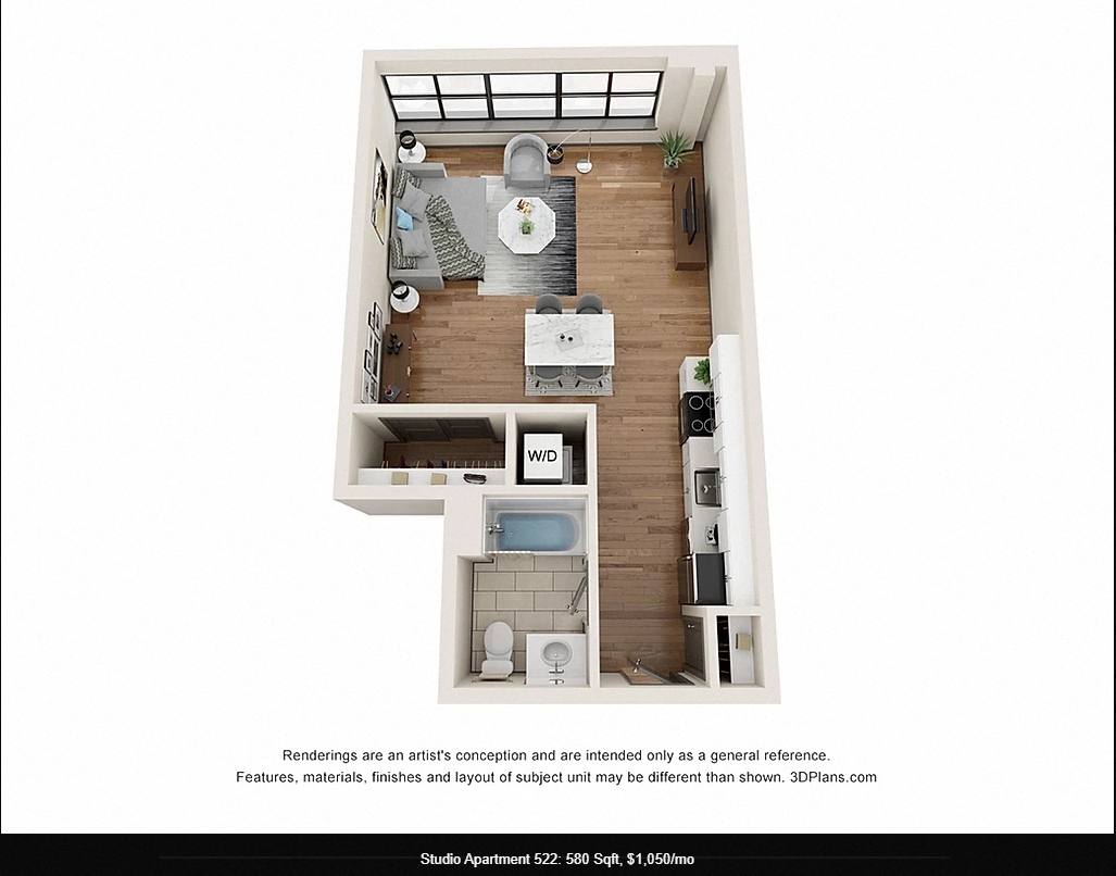 Floor plan for studio, 1 bath, 580 sqft