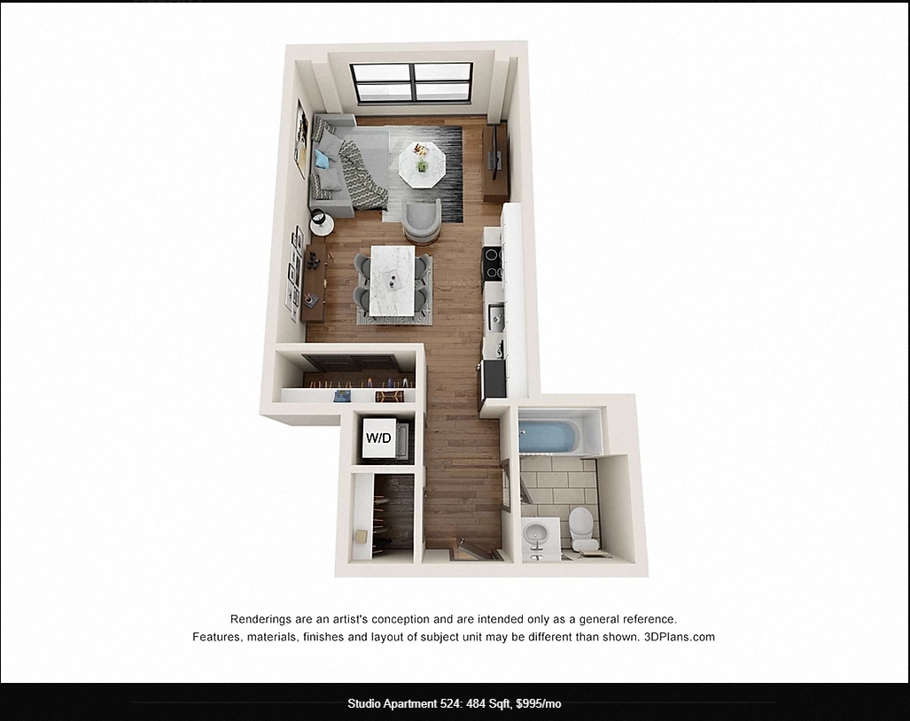 Floor plan for studio, 1 bath, 484 sqft