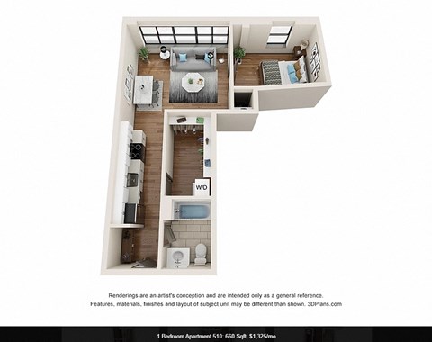 Floor plan for 1 bed, 1 bath, 660 sqft