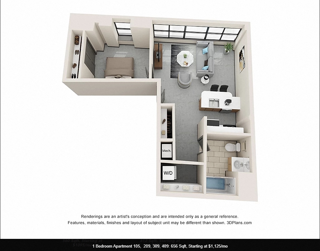 Floor plan for 1 bed, 1 bath, 656 sqft