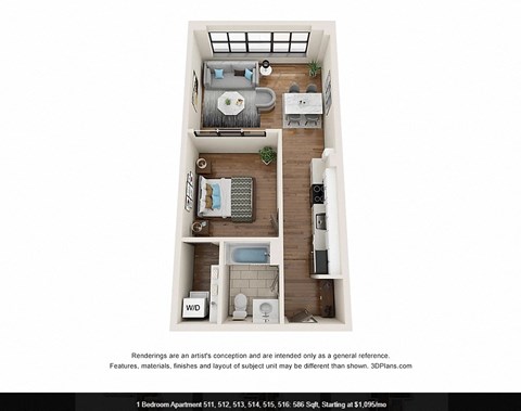 Floor plan for 1 bed, 1 bath, 648 sqft