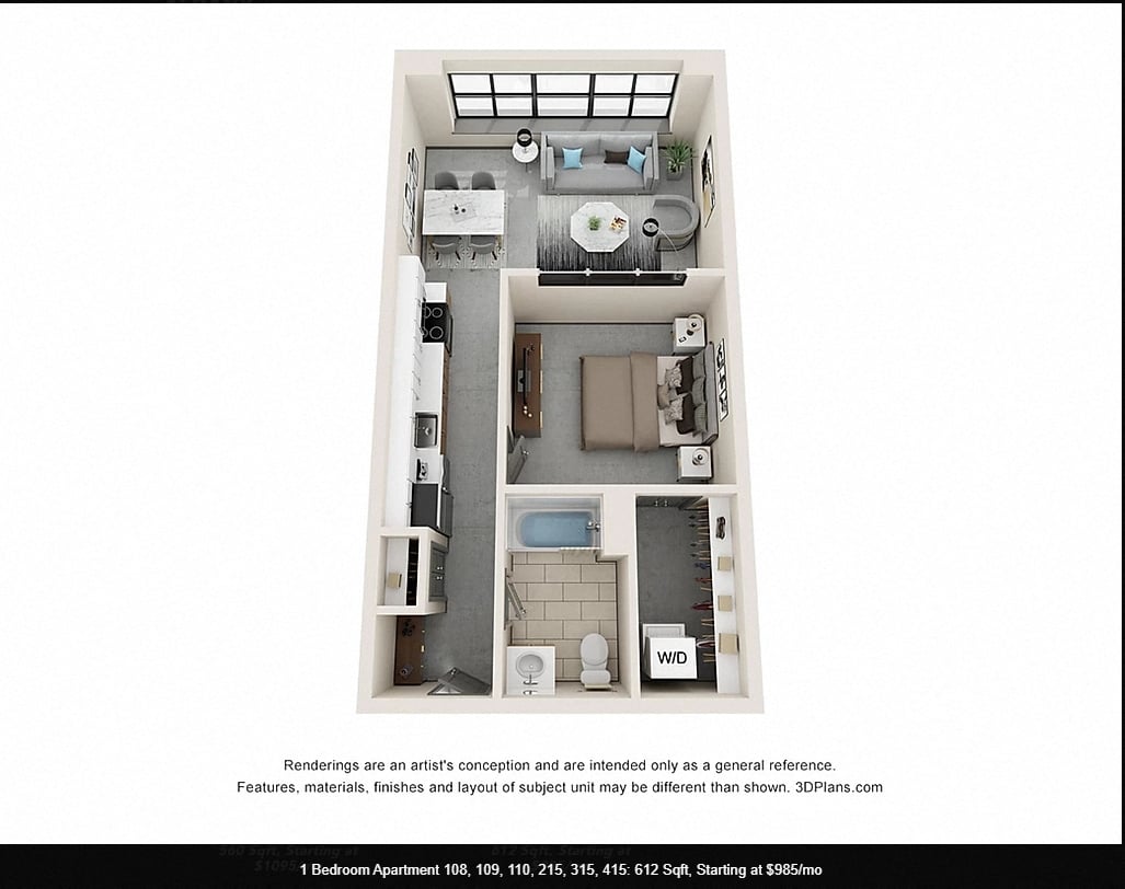 Floor plan for 1 bed, 1 bath, 552 sqft