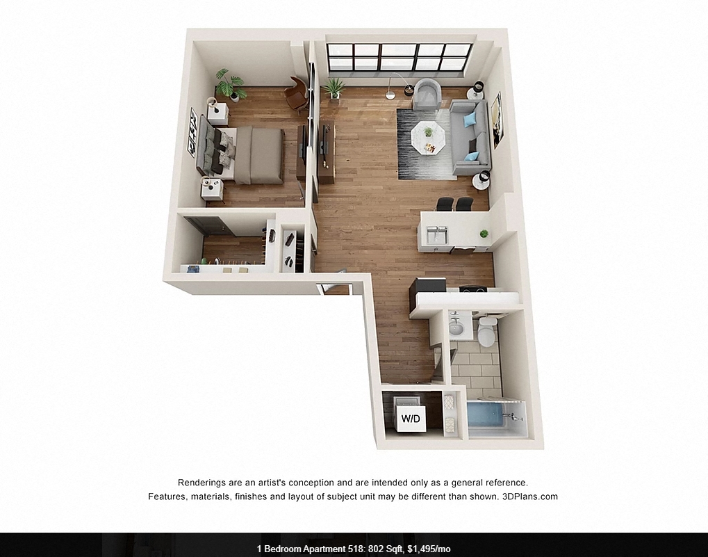 Floor plan for 1 bed, 1 bath, 802 sqft