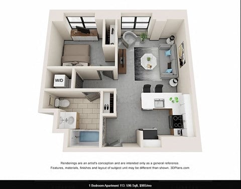 Floor plan for 1 bed, 1 bath, 590 sqft