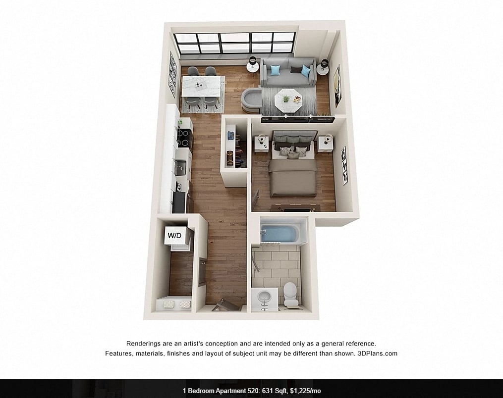 Floor plan for 1 bed, 1 bath, 631 sqft