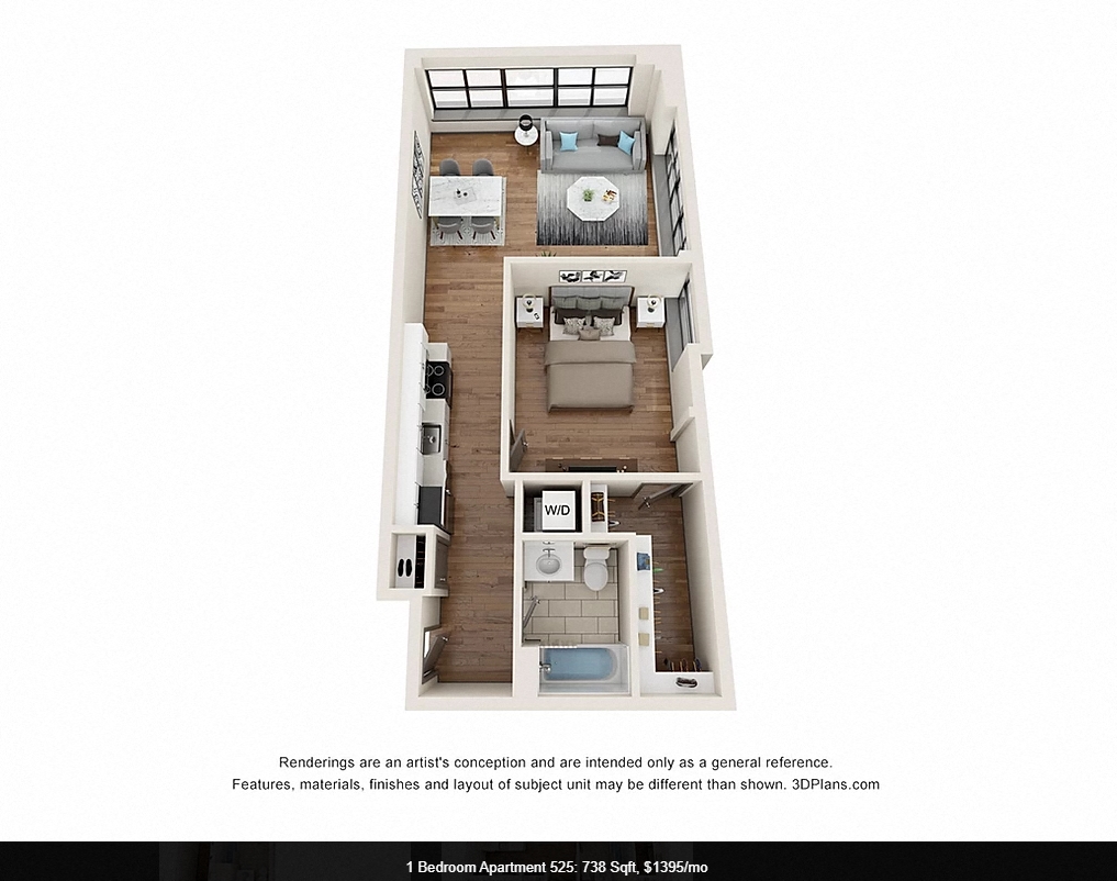 Floor plan for 1 bed, 1 bath, 738 sqft