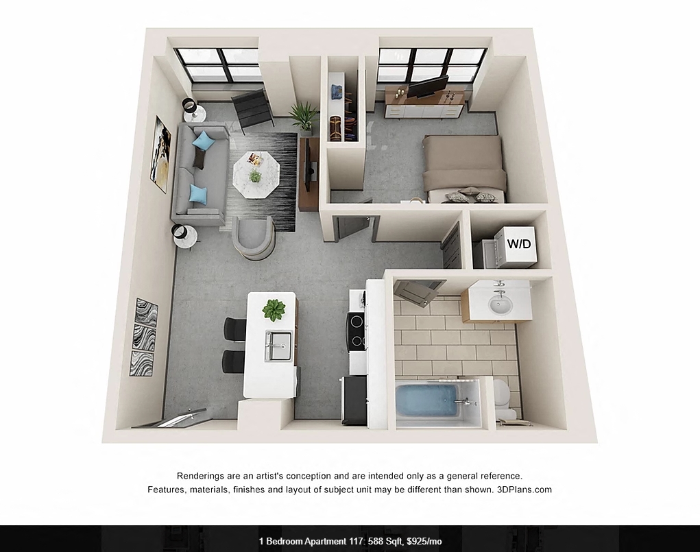 Floor plan for 1 bed, 588 sqft