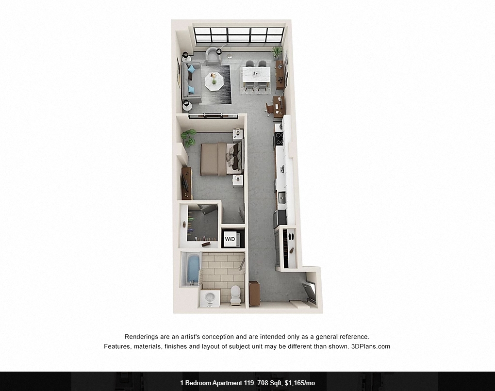 Floor plan for 1 bed, 1 bath, 708 sqft