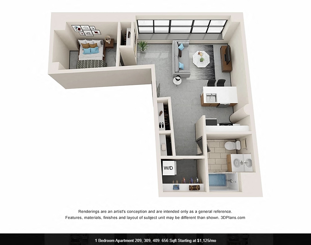 Floor plan for 1 bed, 1 bath, 656 sqft