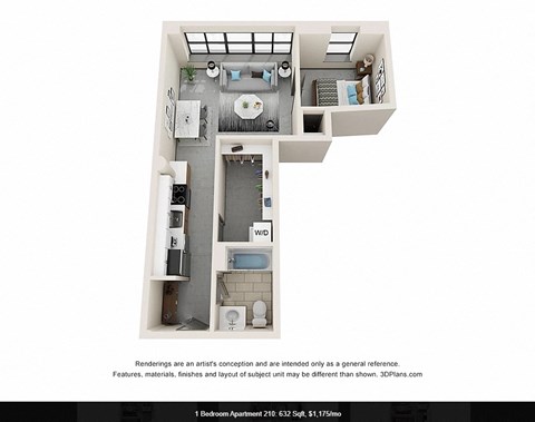 Floor plan for 1 bed, 1 bath, 632 sqft