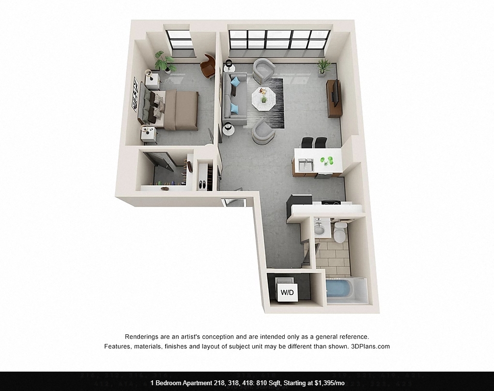 Floor plan for 1 bed, 1 bath, 810 sqft