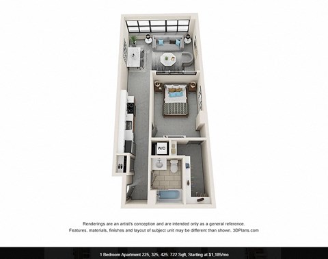 Floor plan for 1 bed, 1 bath, 722 sqft