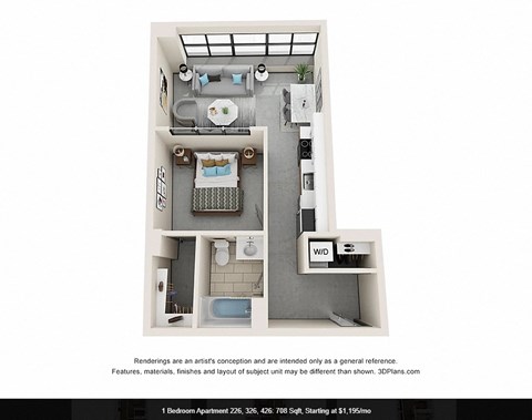 Floor plan for 1 bed, 1 bath, 708 sqft