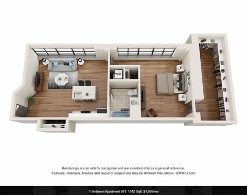 Floor plan for 1 bed, 1 bath, 1042 sqft