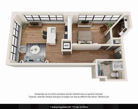 Floor plan for 1 bed, 1 bath, 779 sqft