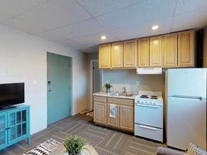 Troy apartment for rent - a kitchen with a stove refrigerator and a sink