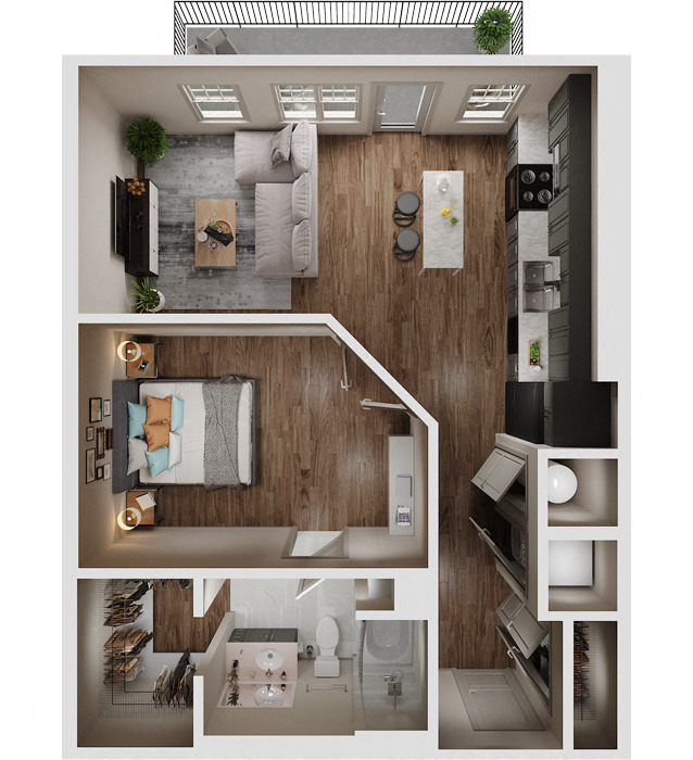 Floor plan for 1 bed, 1 bath, 790 sqft