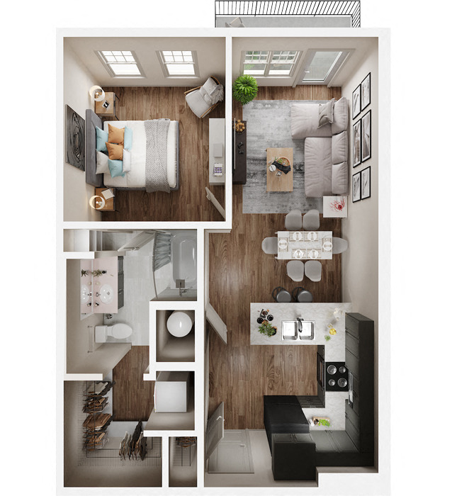 Floor plan for 1 bed, 1 bath, 700 sqft