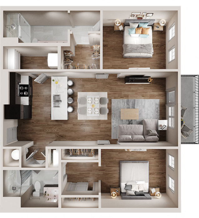 Floor plan for 2 beds, 2 baths, 1256 sqft