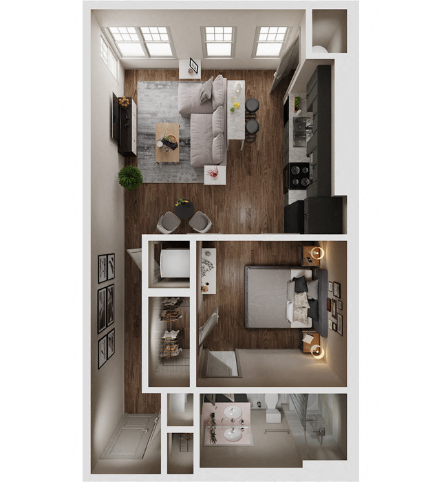 Floor plan for 1 bed, 1 bath, 710 sqft