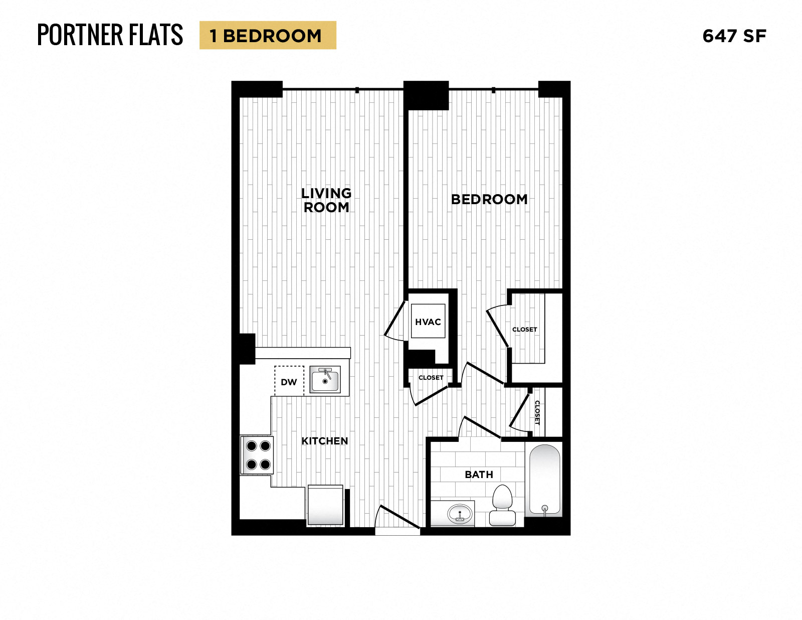 Floor plan for 1 bed, 1 bath, 639 sqft