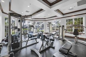 Jensen Beach apartment for rent - A gym with a variety of equipment including a treadmill, weights, and a bench press.