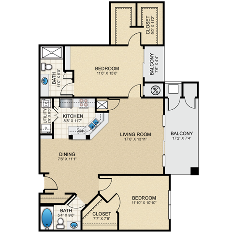Floor plan for 2 beds, 2 baths, 1225 sqft